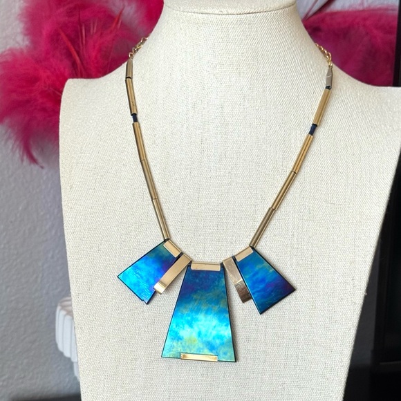 Vintage Dicrotic Glass Blue and Gold Necklace - Picture 2 of 10